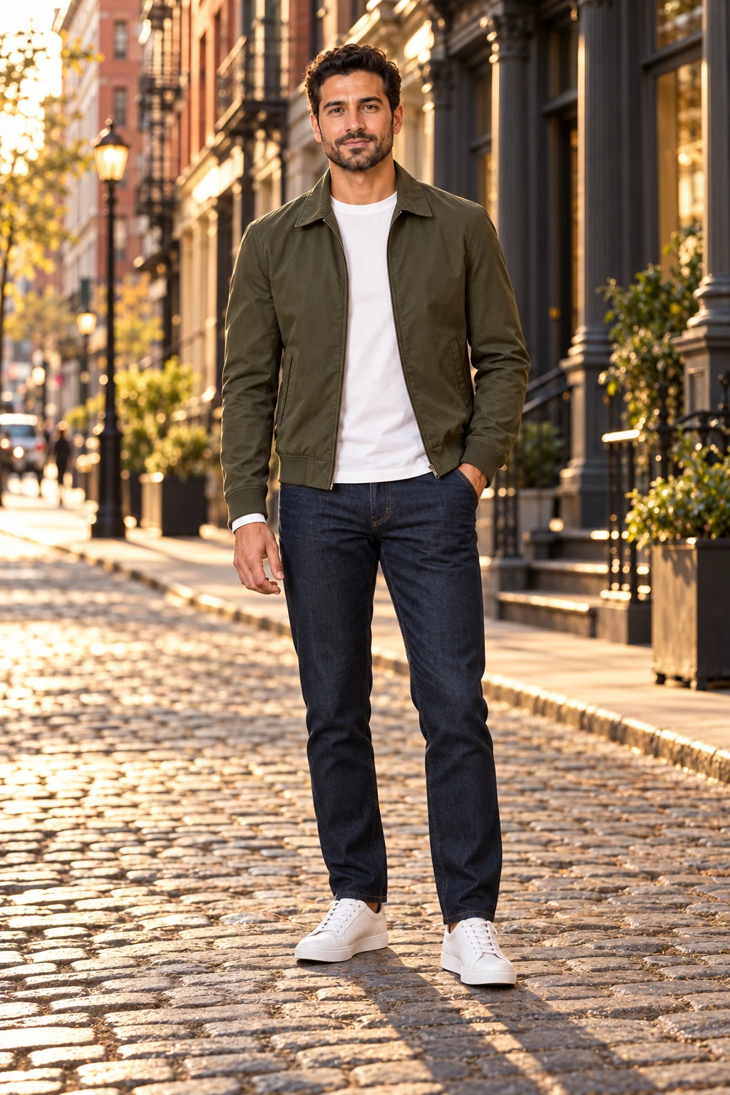 The same man wearing a relaxed casual city outfit