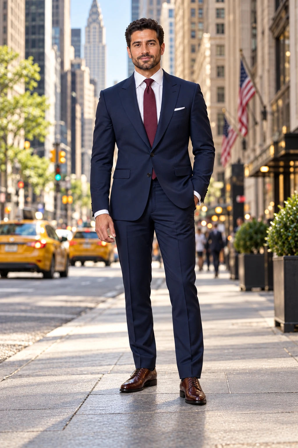 The same man wearing a navy suit in New York